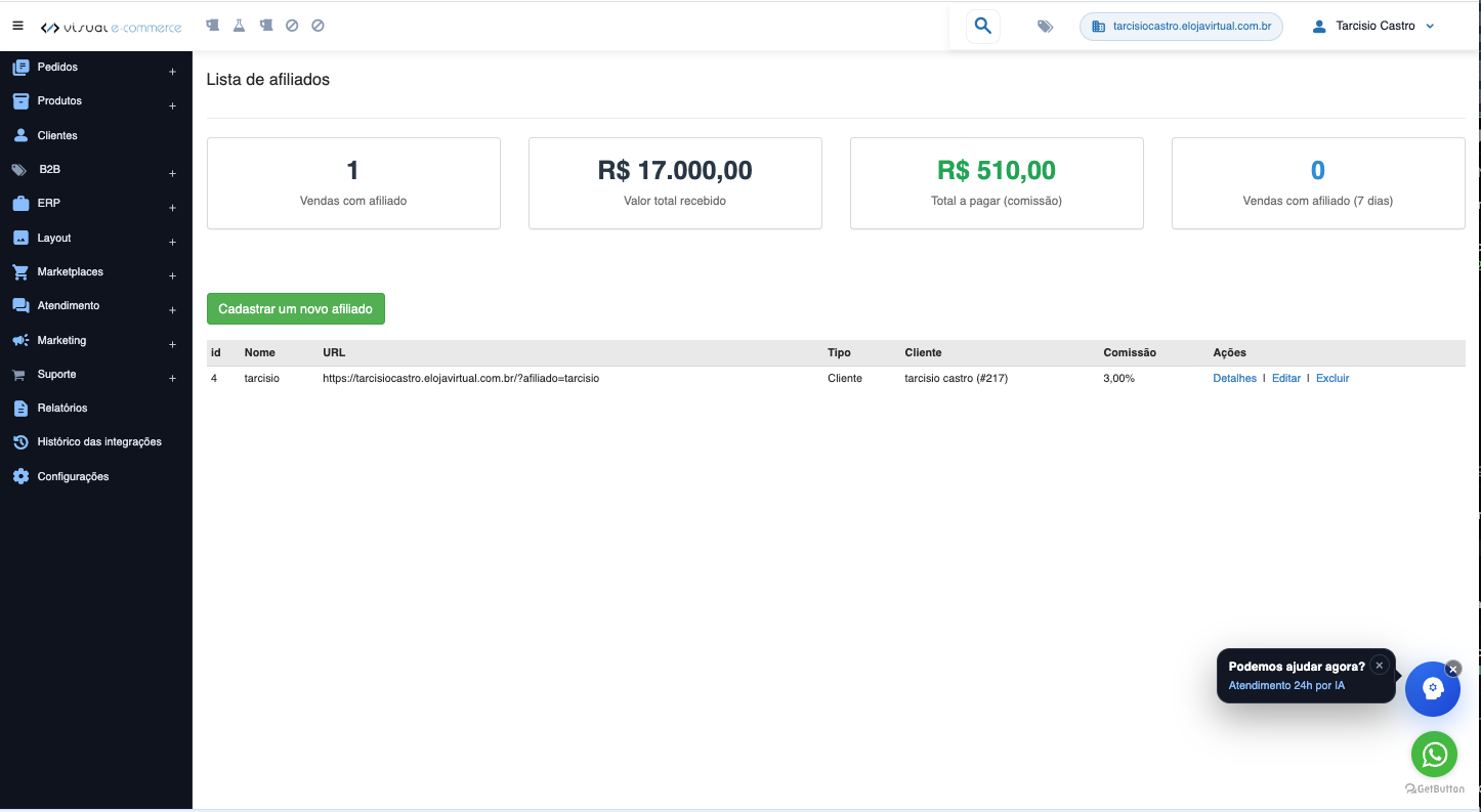Lista de afiliados no administrador com indicadores de vendas, comissão e ações de detalhes e edição